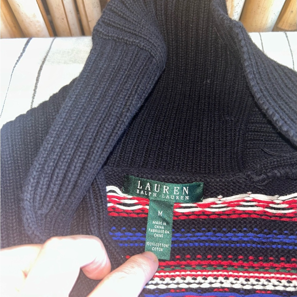 LAUREN RALPH LAUREN Fair Isle Nordic Black Multicolor Shawl Collar Sweater Sz M - Picture 6 of 11